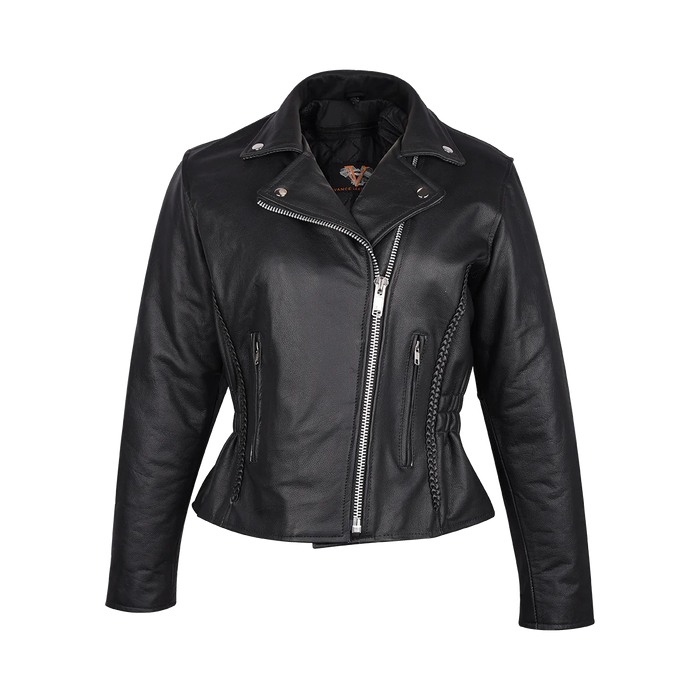 Ladies Premium Cowhide Braid and Stud Motorcycle Leather Jacket