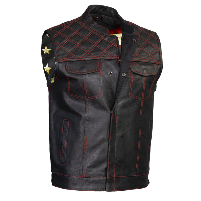 Men's Classic Black Premium Leather Motorcycle Vest with USA Flag Liner