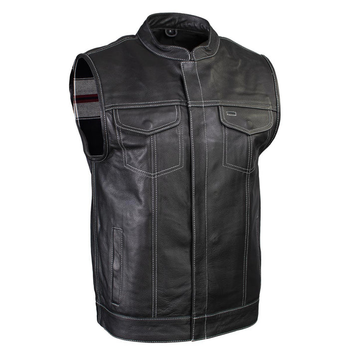 Men's Classic Black Leather Motorcycle Vest with Inside Flannel Liner