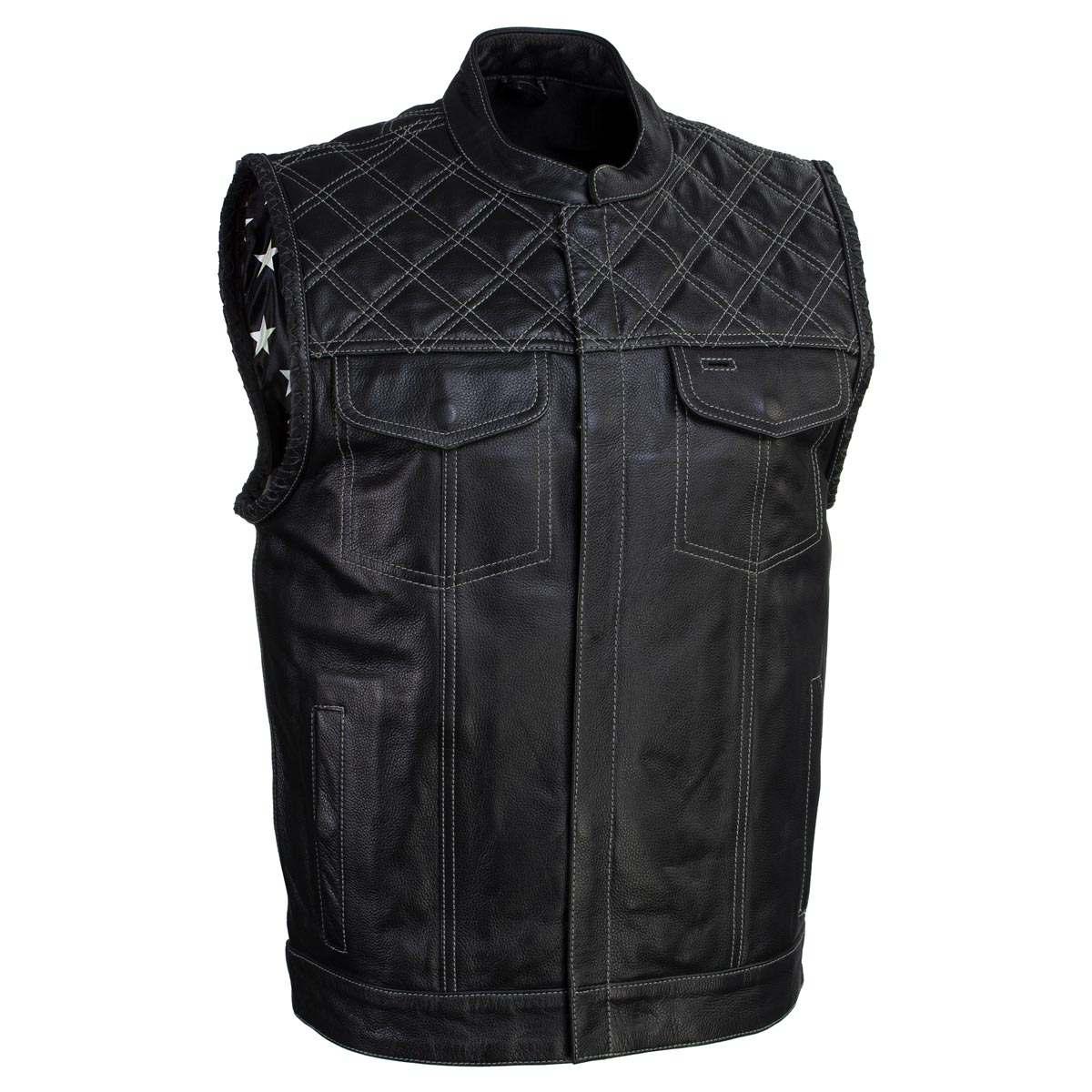 Men's Classic Black Leather Motorcycle Rider Vest Stars and Stripes Design w/ USA Flag Liner