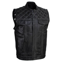 Men's Classic Black Leather Motorcycle Rider Vest Stars and Stripes Design w/ USA Flag Liner