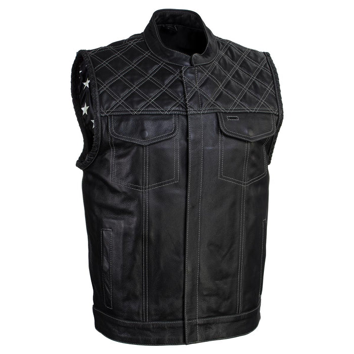 Men's Classic Black Leather Motorcycle Rider Vest Stars and Stripes Design w/ USA Flag Liner
