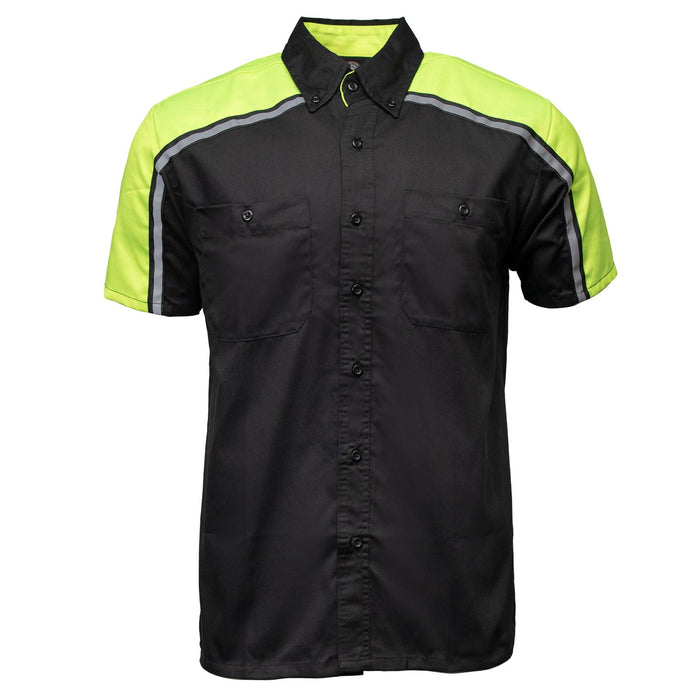 Men's Black and Neon-Green Button Up Mechanic Shirt w/ Reflective Stripe