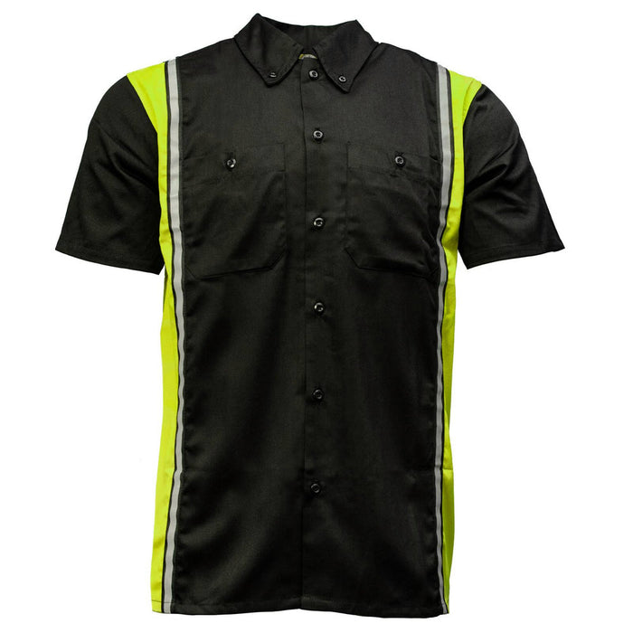 Men's Black and Neon-Green Button Up Mechanic Shirt w/ Reflective Stripe