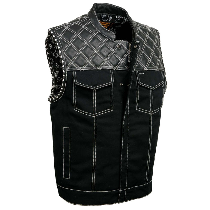 Men's 'Wrecker' Black Denim and Leather Club Style Vest w/ Diamond Quilt Design