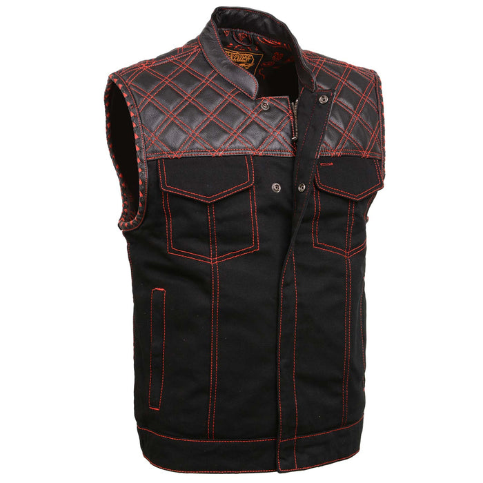 Men's 'Wrecker' Black Denim and Leather Club Style Vest w/ Diamond Quilt Design