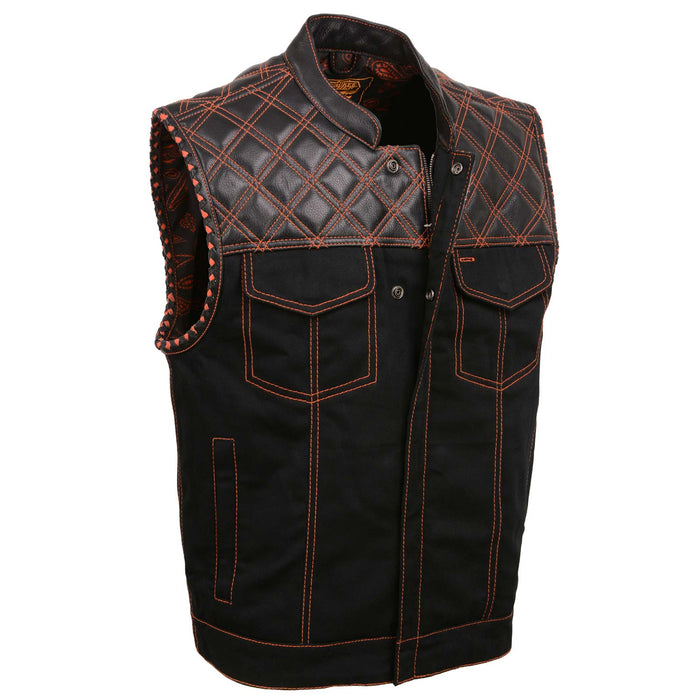 Men's 'Wrecker' Black Denim and Leather Club Style Vest w/ Diamond Quilt Design