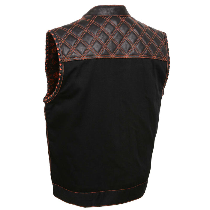 Men's 'Wrecker' Black Denim and Leather Club Style Vest w/ Diamond Quilt Design