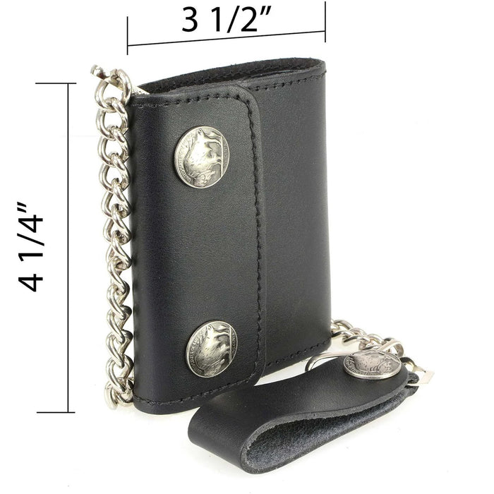 Men's 4” Leather Biker Tr-Fold Wallet w/Buffalo Nickel Snaps Wallet w/ Anti-Theft Stainless Steel Chain