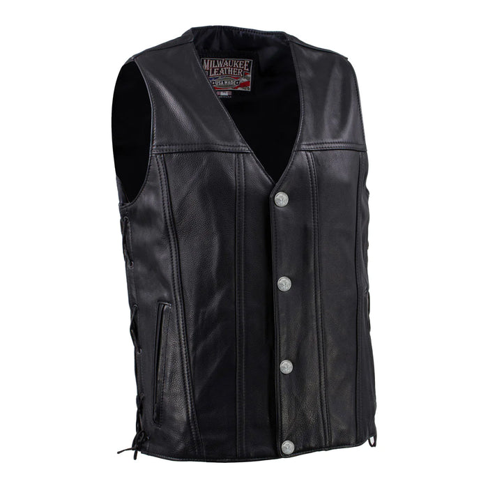 Men's Black 'Road Whip' Premium Motorcycle Leather Vest with Buffalo Snap Buttons