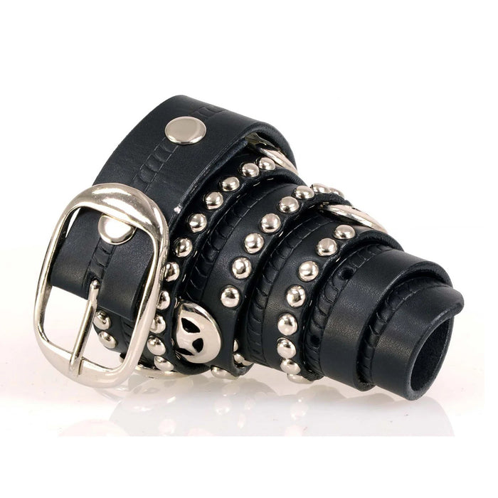 Men's Chrome Studded w/ Star Emblem Black Leather Biker Belt w/ Interchangeable Buckle -1.5 in Wide