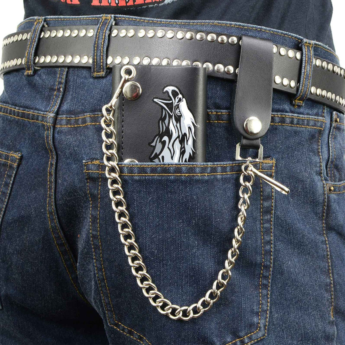 Men's 4” Leather “Flaming Eagle” Tri-Fold Wallet w/ Anti-Theft Stainless Steel Chain