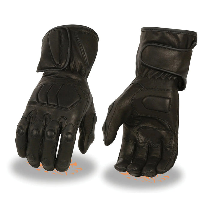 Men's Black Leather Waterproof Gauntlet Motorcycle Hand Gloves W/ Extra Grip Reinforced Gel Padded Palm.