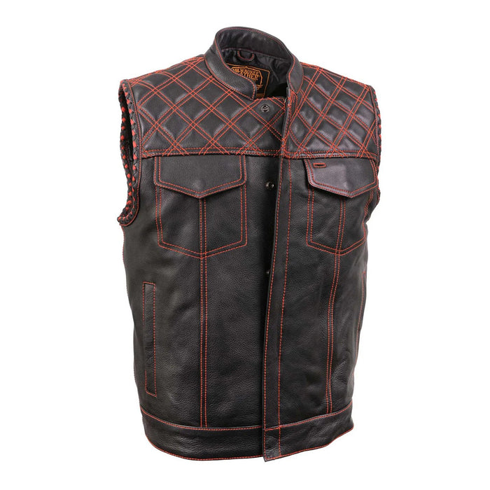 Men's Black 'Paisley' Accented Red Stitching Leather Vest – w/ Armhole Trim Open Collar Design