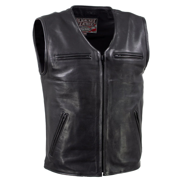 Men's Black 'Slinger' V-Neck Motorcycle Premium Leather Zippered Vest