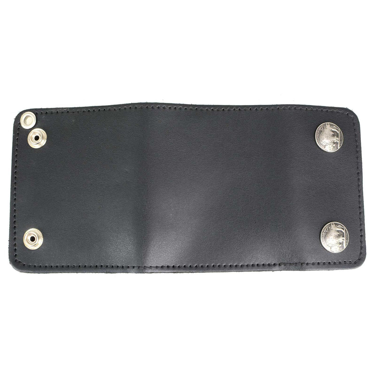 Men's 4” Leather Biker Tr-Fold Wallet w/Buffalo Nickel Snaps Wallet w/ Anti-Theft Stainless Steel Chain