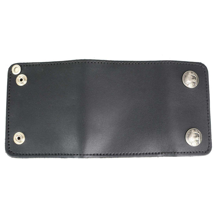Men's 4” Leather Biker Tr-Fold Wallet w/Buffalo Nickel Snaps Wallet w/ Anti-Theft Stainless Steel Chain