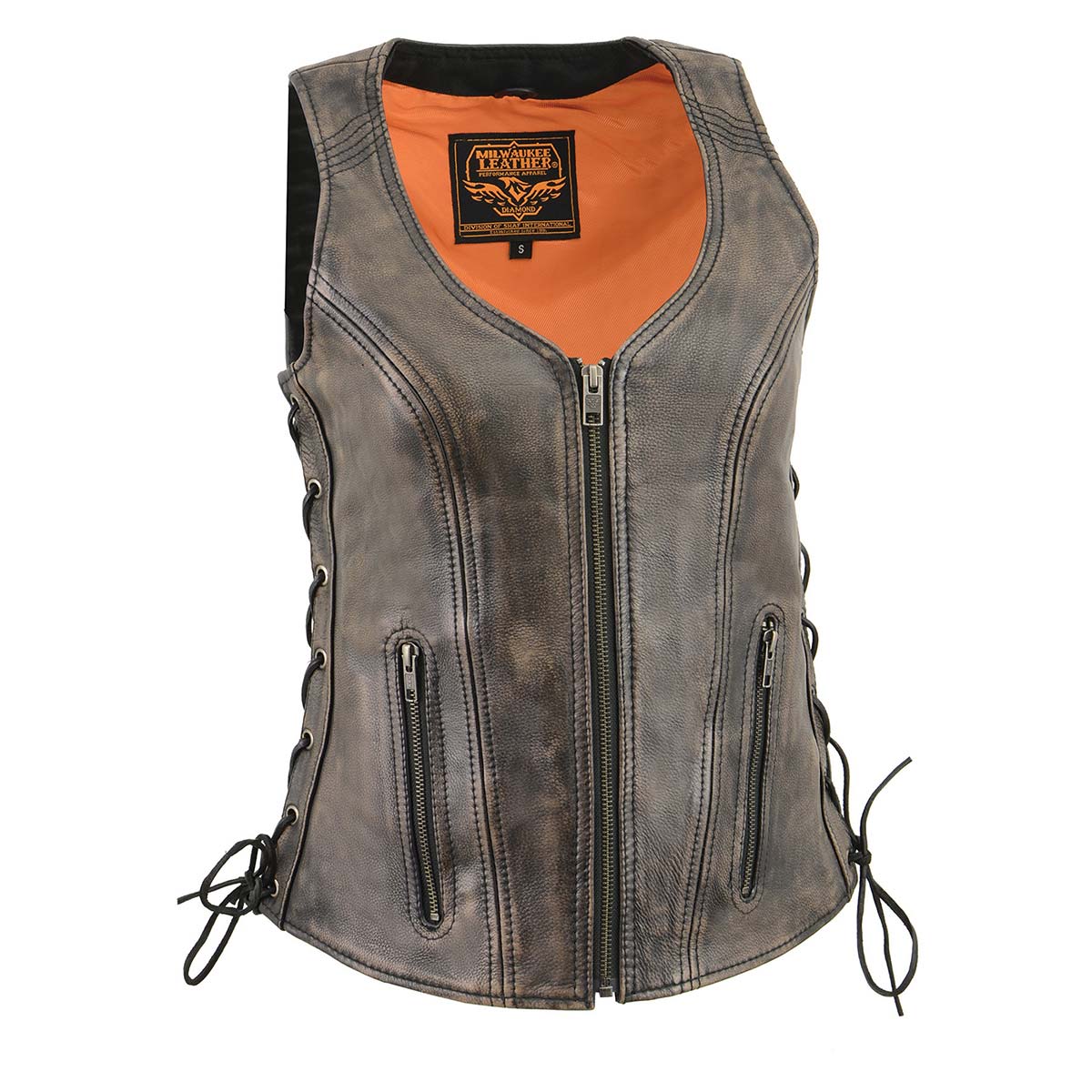 Women's Distressed Brown ‘Open Neck’ Motorcycle Leather Vest with Side Laces