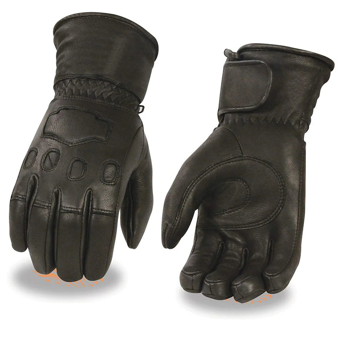 Men's Black Deerskin Gauntlet Motorcycle Hand Gloves W/ Wrist Strap & Sinch Closure