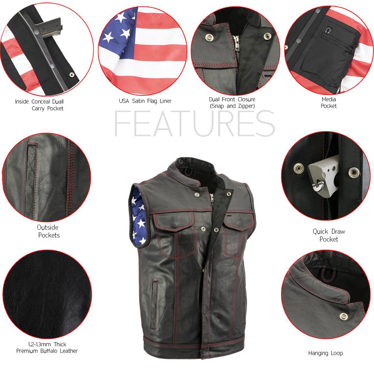 Men's Black Premium Leather Motorcycle Rider Vest w/ Red Stitching and USA Inside Flag Lining