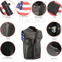 Men's Black Premium Leather Motorcycle Rider Vest w/ Red Stitching and USA Inside Flag Lining