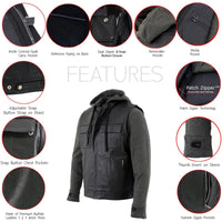 Men's 2 in 1 Classic Black Premium Leather Motorcycle Hoodie Jacket w/ Convertible Vest