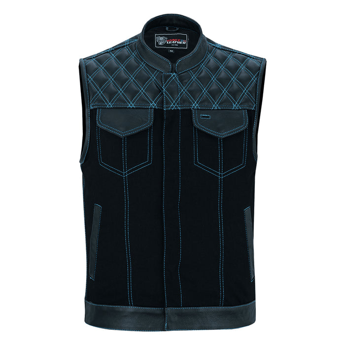 Men's Denim & Leather Motorcycle Vest with Conceal Carry Pockets, SOA Biker Club Vest Blue Stitching, Diamond Padding, Snap & Zipper Closure