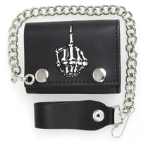 Men's 4” Leather “Skeleton Finger” Tri-Fold Wallet w/ Anti-Theft Stainless Steel Chain