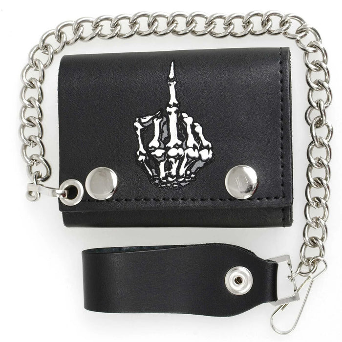 Men's 4” Leather “Skeleton Finger” Tri-Fold Wallet w/ Anti-Theft Stainless Steel Chain