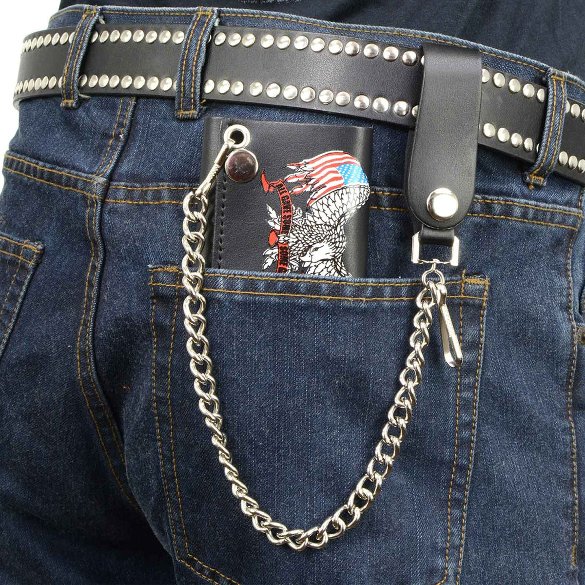 Men's 4” Leather “Eagle w/ Flag” Tri-Fold Wallet w/ Anti-Theft Stainless Steel Chain