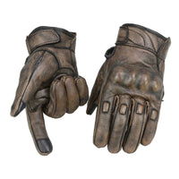 Men's Brown Leather i-Touch Screen Compatible Gel Palm Motorcycle Gloves W/ Protective Knuckle