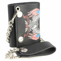 Men's 4” Leather “Eagle w/ Flag” Tri-Fold Wallet w/ Anti-Theft Stainless Steel Chain