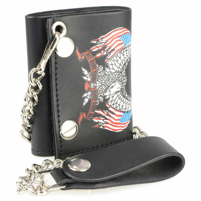 Men's 4” Leather “Eagle w/ Flag” Tri-Fold Wallet w/ Anti-Theft Stainless Steel Chain