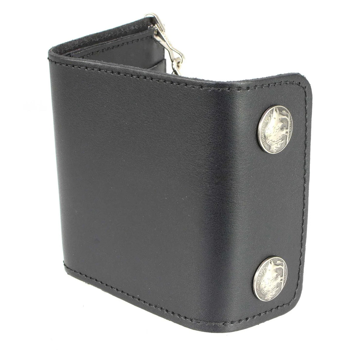 Men's 4” Leather Biker Tr-Fold Wallet w/Buffalo Nickel Snaps Wallet w/ Anti-Theft Stainless Steel Chain