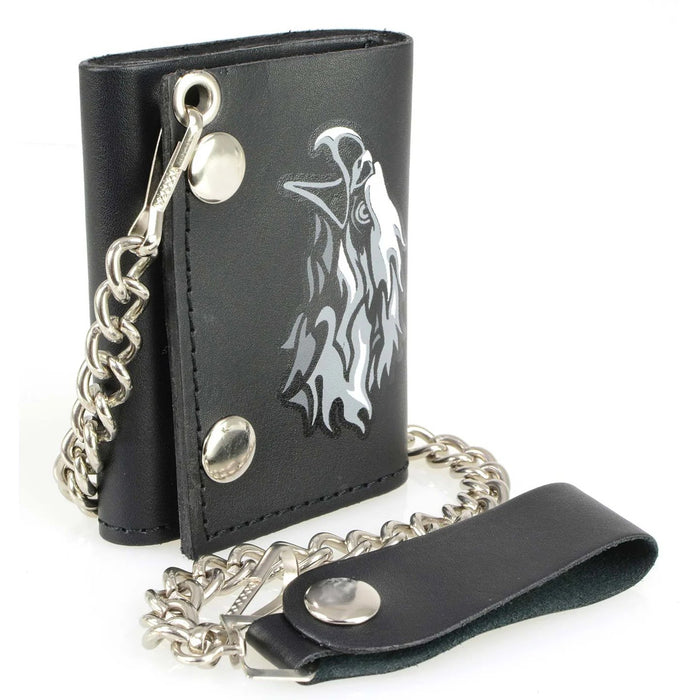 Men's 4” Leather “Flaming Eagle” Tri-Fold Wallet w/ Anti-Theft Stainless Steel Chain