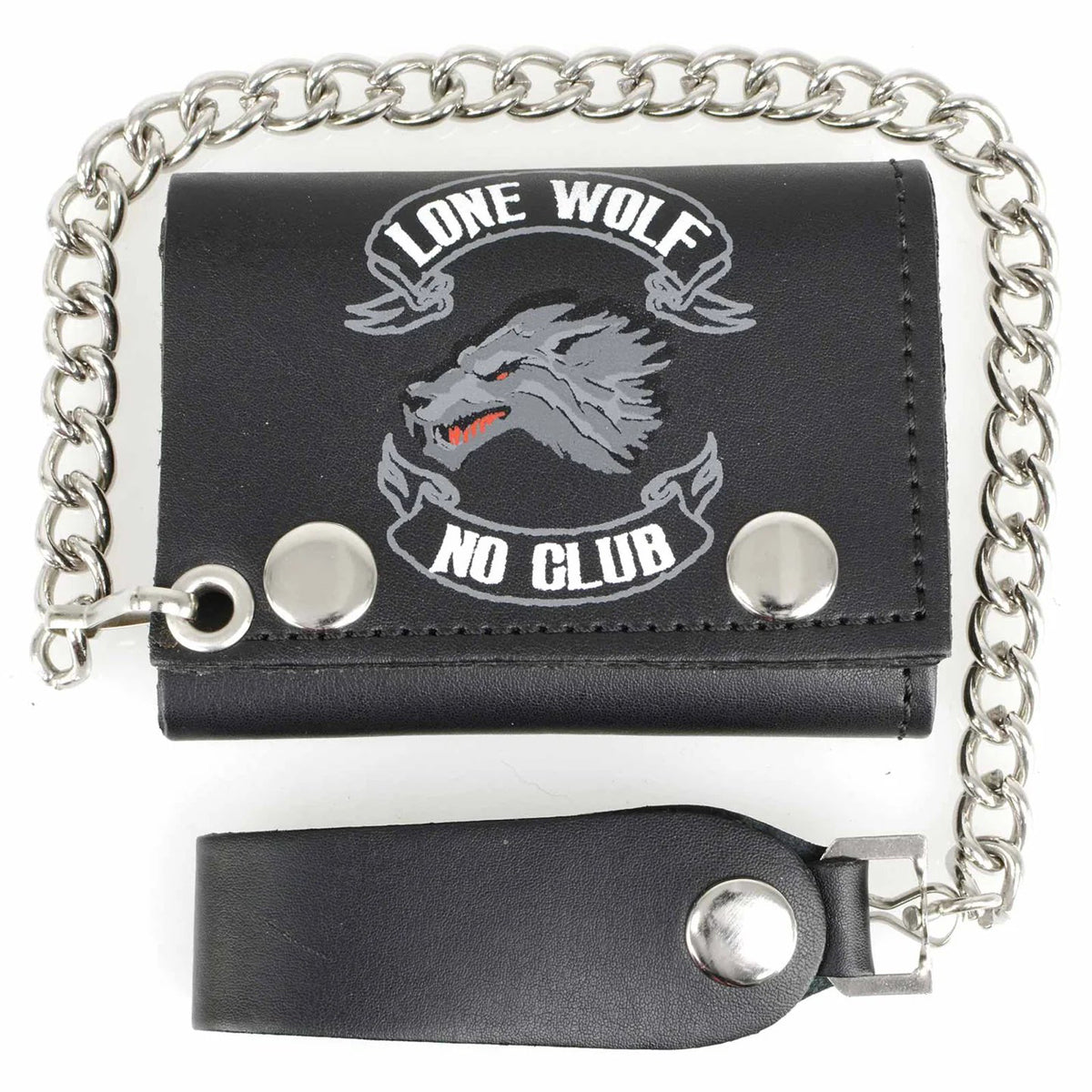 Men's 4” Leather “Lone Wolf No Club” Tri-Fold Wallet w/ Anti-Theft Stainless Steel Chain