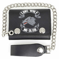 Men's 4” Leather “Lone Wolf No Club” Tri-Fold Wallet w/ Anti-Theft Stainless Steel Chain