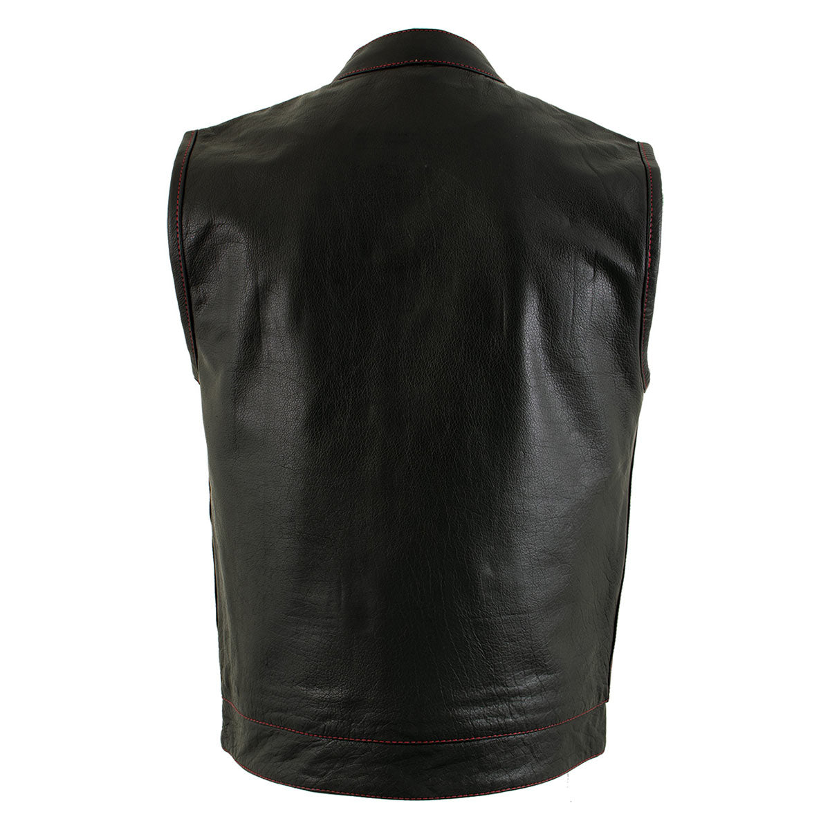 Men's Black Premium Leather Motorcycle Rider Vest w/ Red Stitching and USA Inside Flag Lining