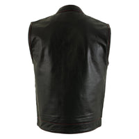 Men's Black Premium Leather Motorcycle Rider Vest w/ Red Stitching and USA Inside Flag Lining
