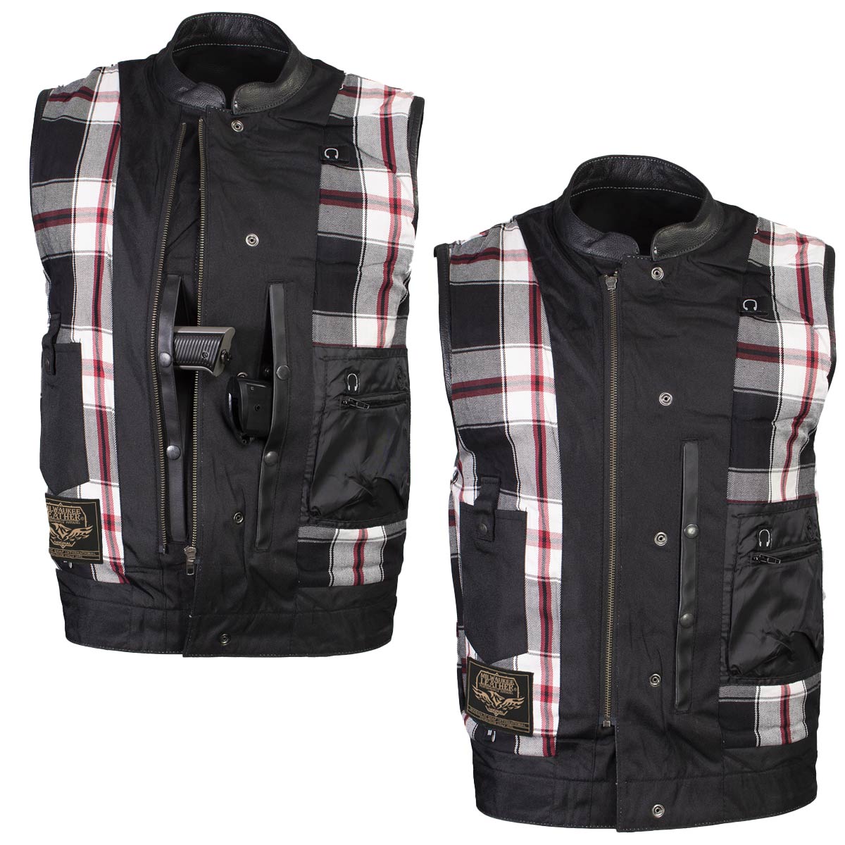 Men's Classic Black Leather Motorcycle Vest with Inside Flannel Liner