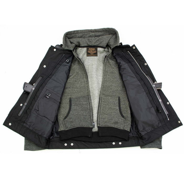 Men's 2 in 1 Classic Black Premium Leather Motorcycle Hoodie Jacket w/ Convertible Vest