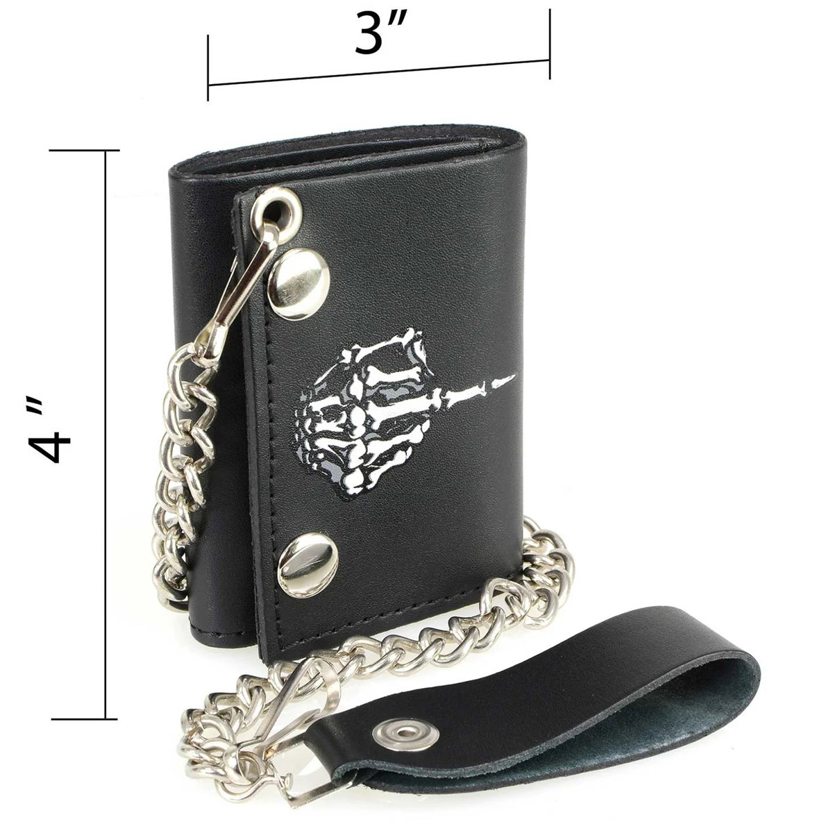 Men's 4” Leather “Skeleton Finger” Tri-Fold Wallet w/ Anti-Theft Stainless Steel Chain