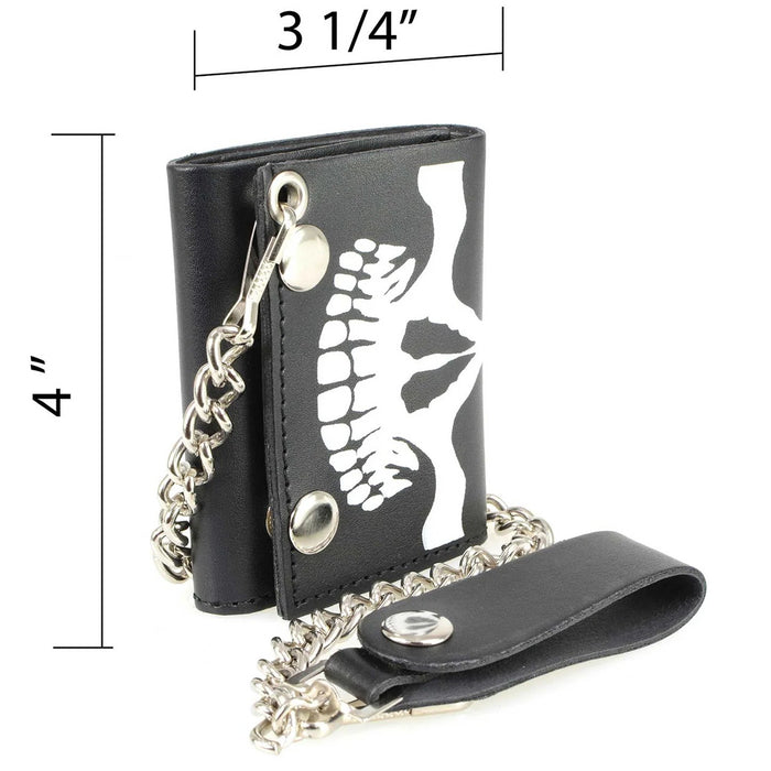 Men's 4” Leather “Skeleton Teeth” Tri-Fold Wallet w/ Anti-Theft Stainless Steel Chain