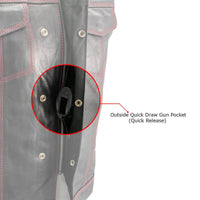 Men's Black Premium Leather Motorcycle Rider Vest w/ Red Stitching and USA Inside Flag Lining