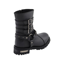Womens 9 Inch Black Triple Buckle Leather Harness Boot with Side Zipper Entry