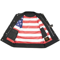 Men's Black Premium Leather Motorcycle Rider Vest w/ Red Stitching and USA Inside Flag Lining