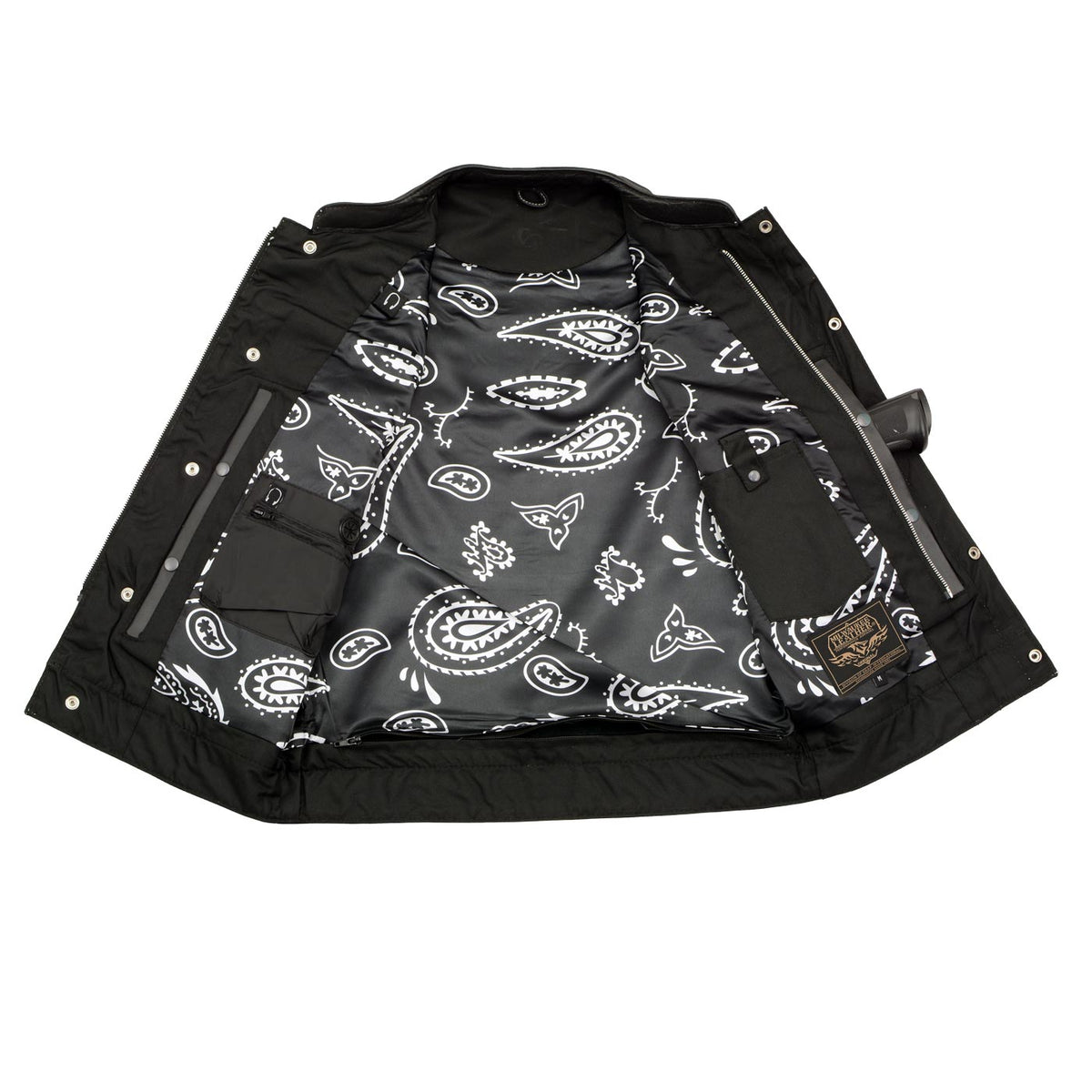 Men's Black Premium Leather Motorcycle Biker Rider Vest w/ White Stitching and Paisley Liner