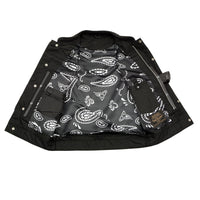 Men's Black Premium Leather Motorcycle Biker Rider Vest w/ White Stitching and Paisley Liner