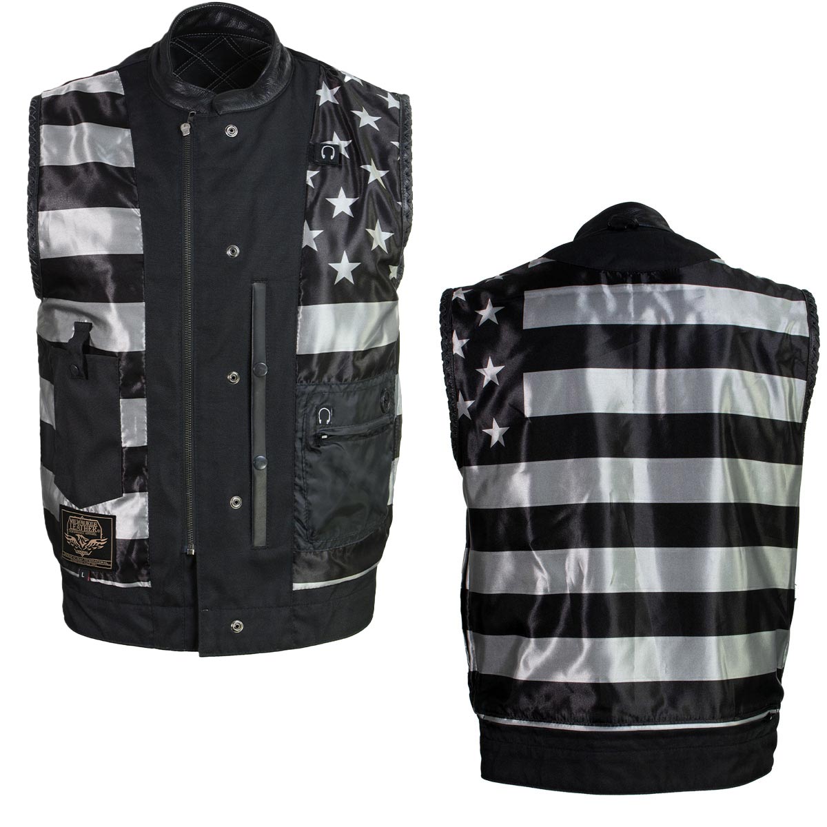 Men's Classic Black Leather Motorcycle Rider Vest Stars and Stripes Design w/ USA Flag Liner