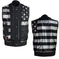 Men's Classic Black Leather Motorcycle Rider Vest Stars and Stripes Design w/ USA Flag Liner
